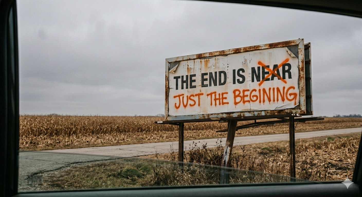Roadside billboard reading THE END IS NEAR with NEAR crossed out and JUST THE BEGINING spray painted below
